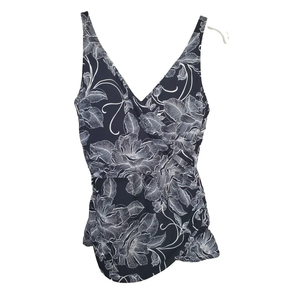 Lands' End Black Leaf Sketch Print Tankini Swim Top Size 12